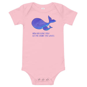 Surf whale baby clothes in pink - How do I love you? Let me count the waves - Surf-inspired whale baby romper / bodysuit.