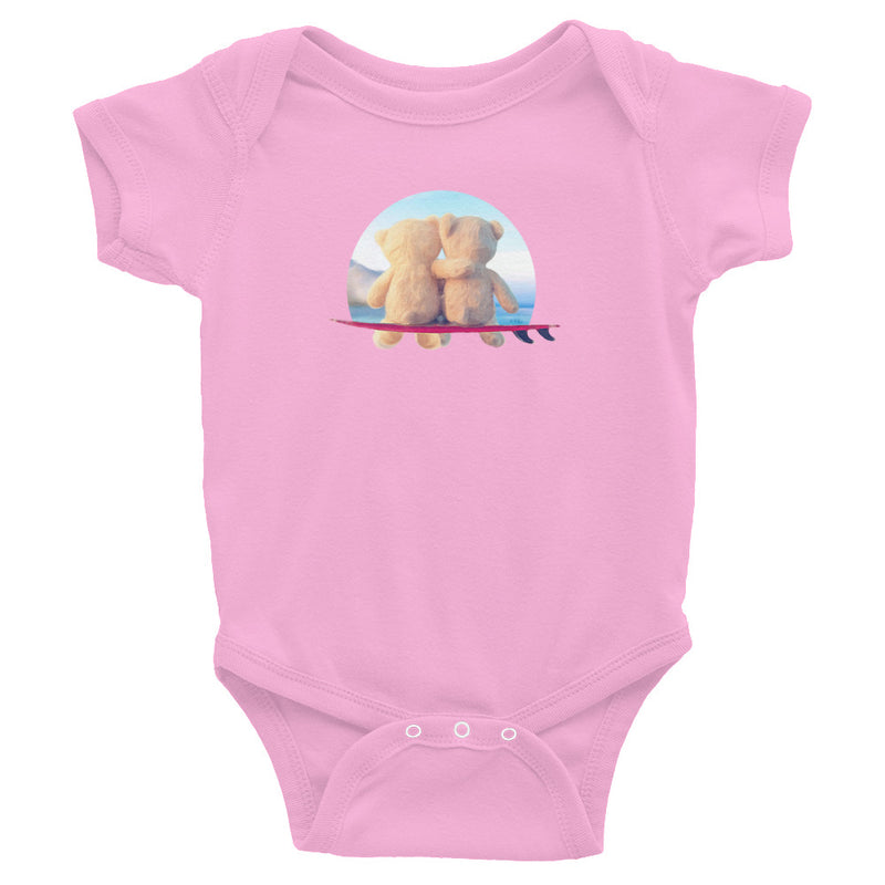 Cuddly surfer teddy bears on surfboard with ocean. Bodysuit / baby grow / similar to onesie