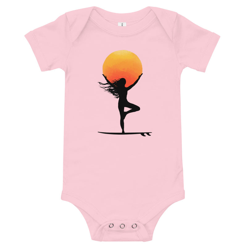 Pink Tree pose surf baby romper - Tree pose yogi surfer baby bodysuit / baby grow / romper / like onesie for surf and yoga babies and moms