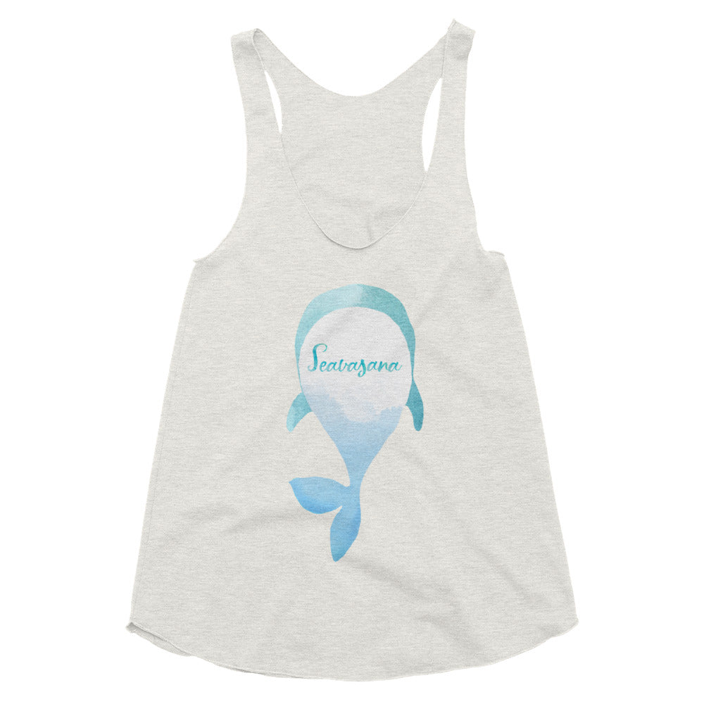 Savasana Whale - Women's Tri-Blend Racerback Tank. Seavasana surf and yoga top. Ocean love surfer and yogi. Calm and cute whale print