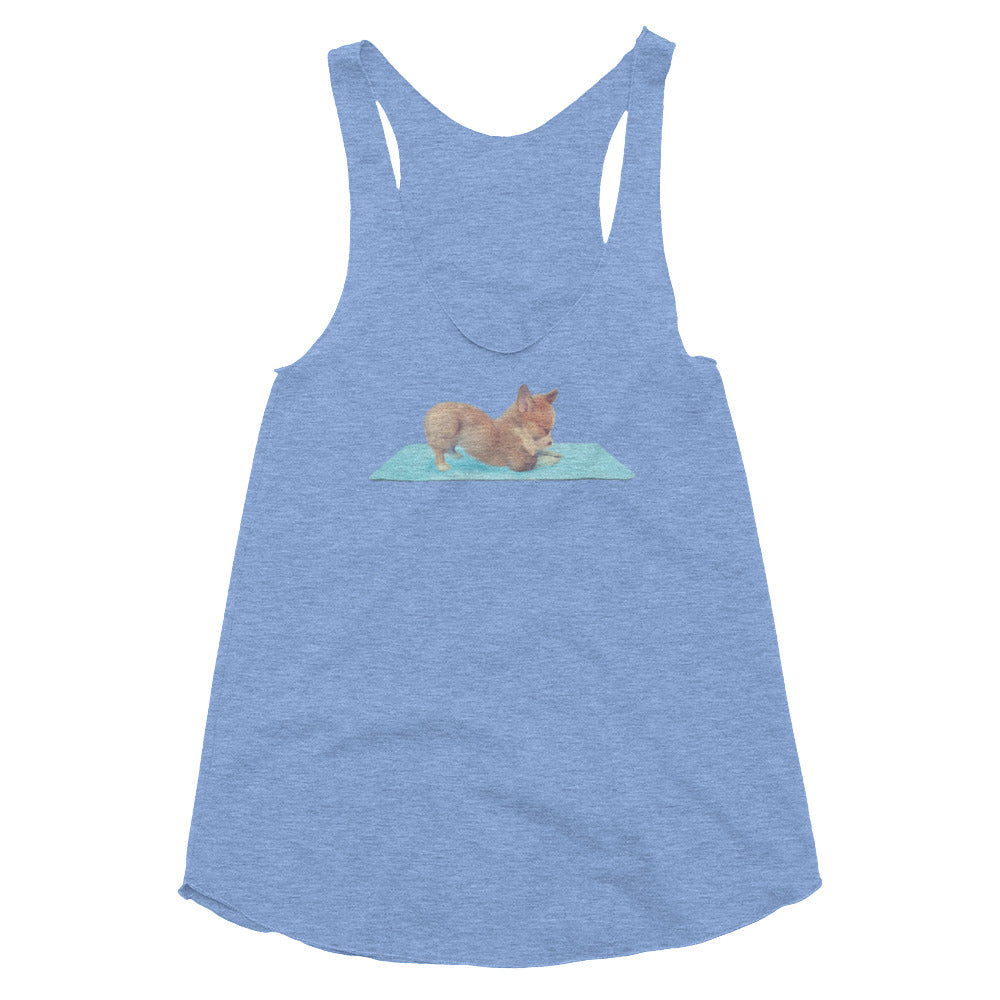 Corgie yoga clothes in blue - Yoga Corgy, downward dog, Women's Tri-Blend Racerback Tank