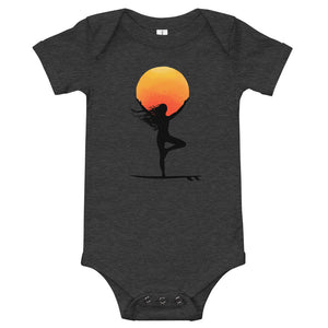 Dark grey Tree pose surf baby romper - Tree pose yogi surfer baby bodysuit / baby grow / romper / like onesie for surf and yoga babies and moms