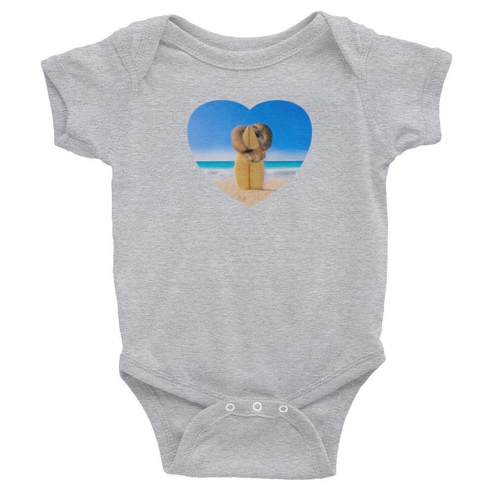 Surf sloth baby clothes in grey - Surfer sloth hugs  surfboard original art design, infant bodysuit / romper