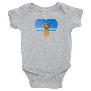 Surf sloth baby clothes in grey - Surfer sloth hugs  surfboard original art design, infant bodysuit / romper