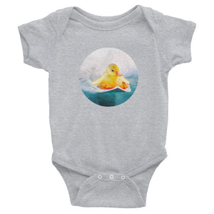 Surfing duckling. Baby bodysuit / romper / similar to onesie. Surfer baby