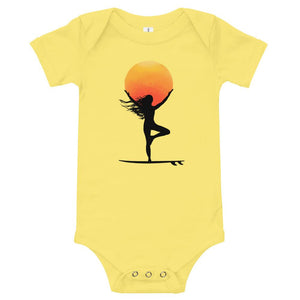 Yellow Tree pose surf baby romper - Tree pose yogi surfer baby bodysuit / baby grow / romper / like onesie for surf and yoga babies and moms