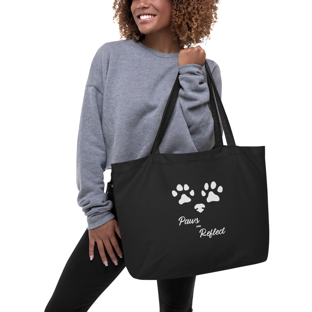 Large organic tote bag with adorable paws and reflect print