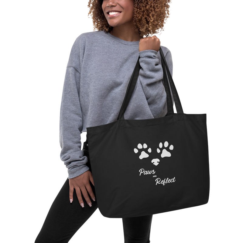 Large organic tote bag with adorable paws and reflect print