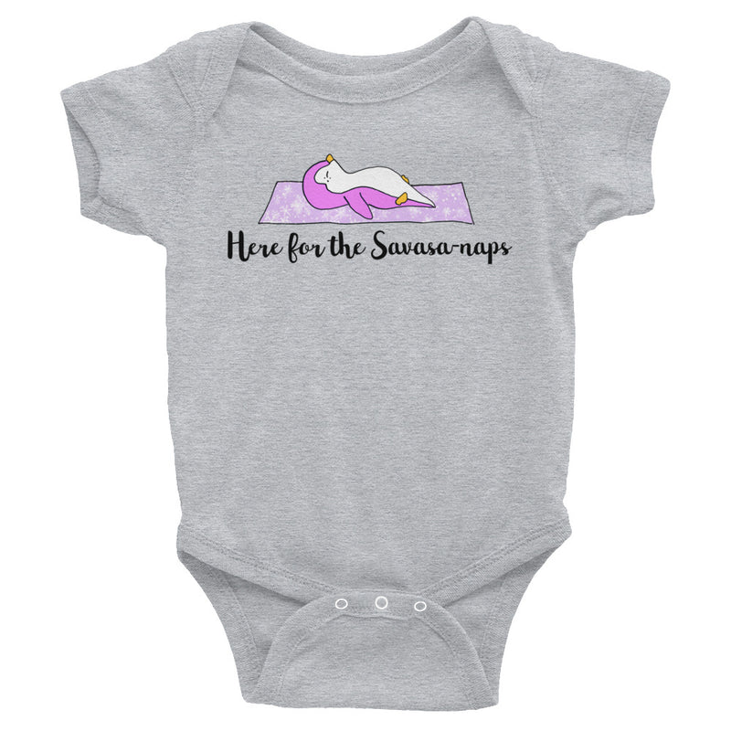 Pink penguin baby onesie - here for the savasana - surfers and yogis