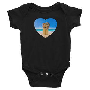 Surf sloth baby clothes in black - Surfer sloth hugs  surfboard original art design, infant bodysuit / romper