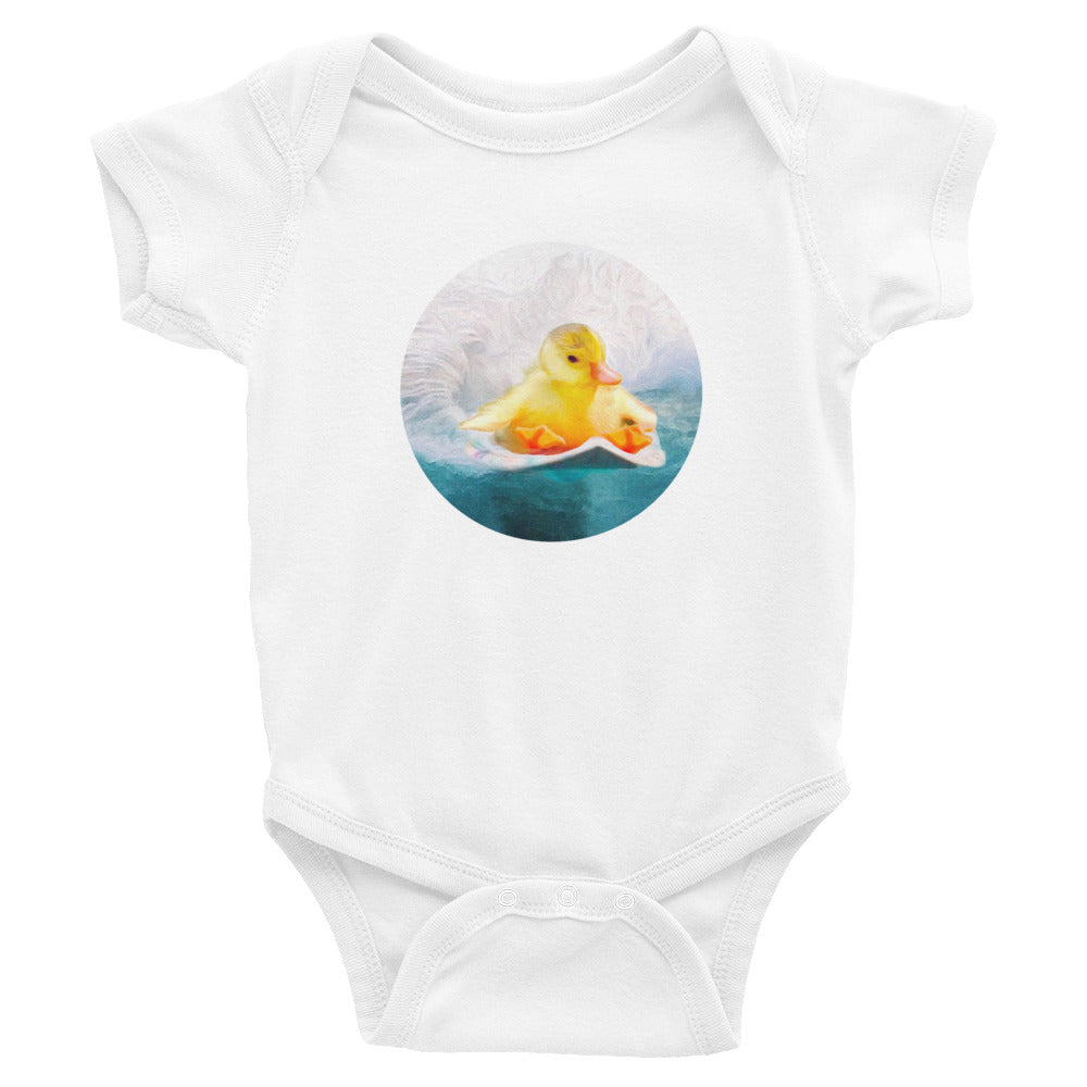 Surfing duckling. Baby bodysuit / romper / similar to onesie. Surfer baby