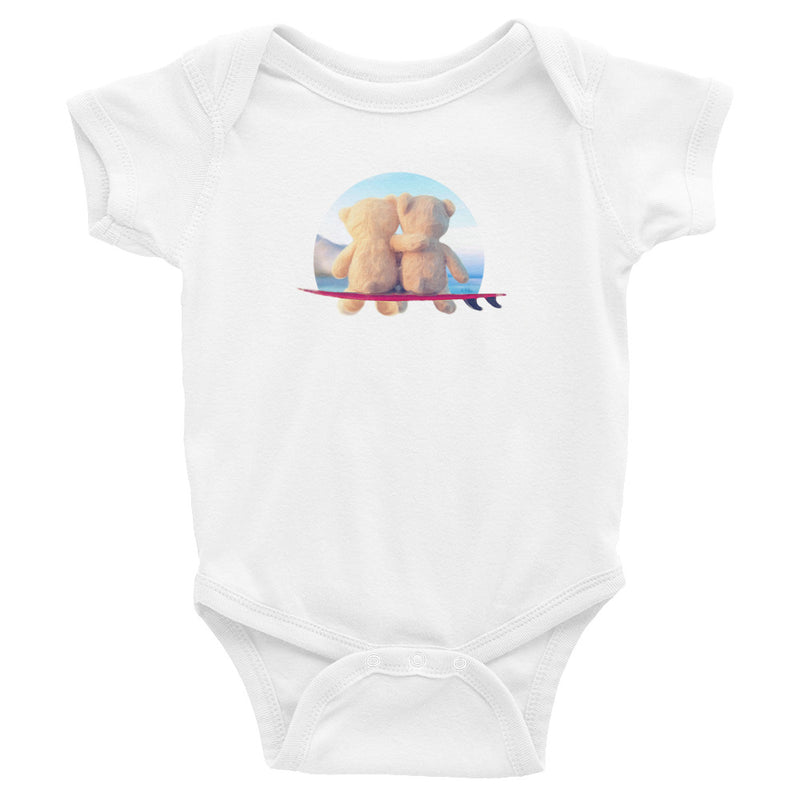 Cuddly surfer teddy bears on surfboard with ocean. Bodysuit / baby grow / similar to onesie