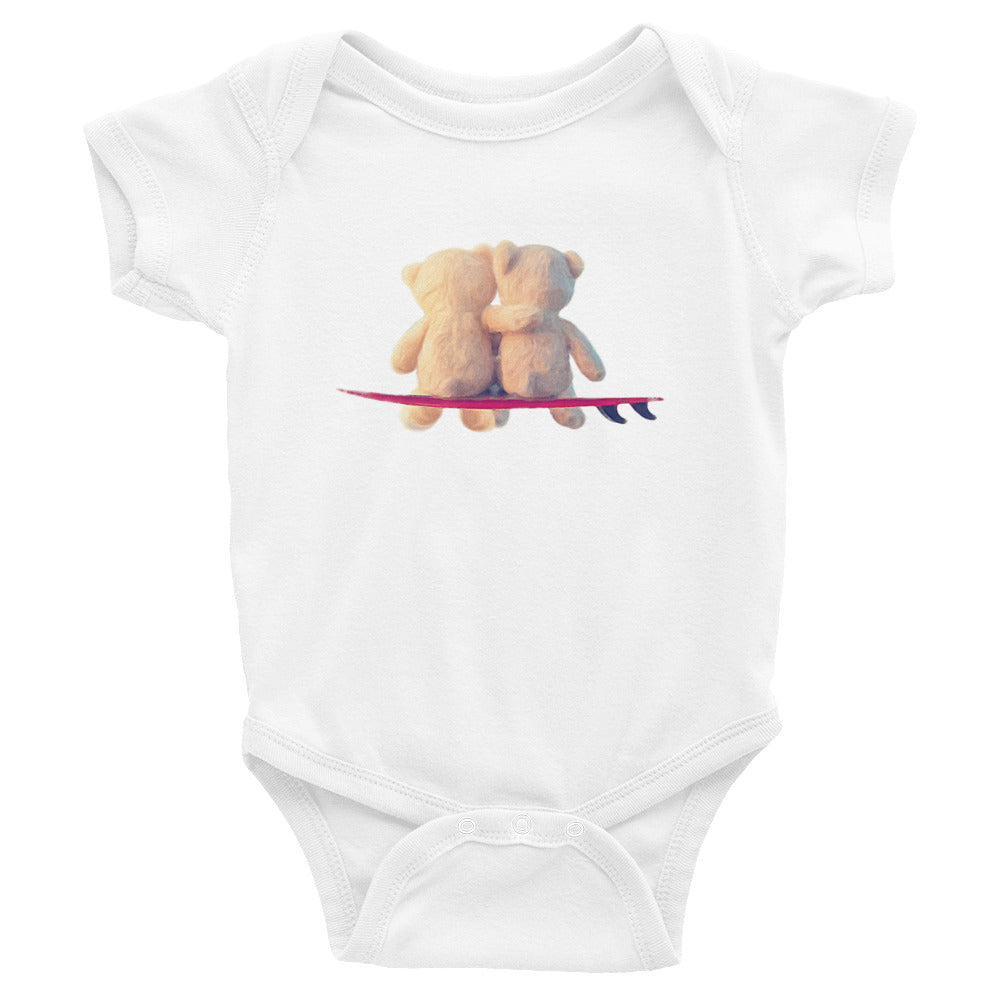 Cute surfer buddy baby romper - two teddies on a surfboard