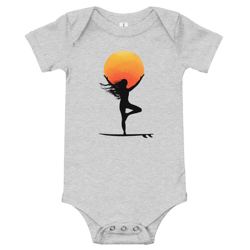 Grey Tree pose surf baby romper - Tree pose yogi surfer baby bodysuit / baby grow / romper / like onesie for surf and yoga babies and moms