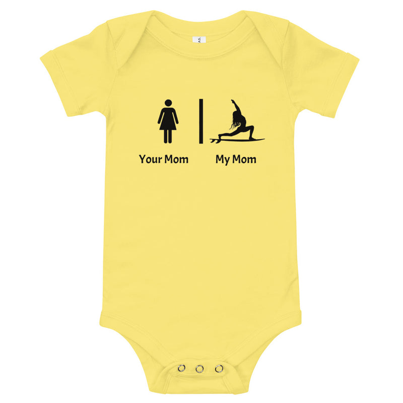 Funny baby yoga gift - Your mom, my mom baby cheeky bodysuit / romper / baby grow for the surf and yoga mom-