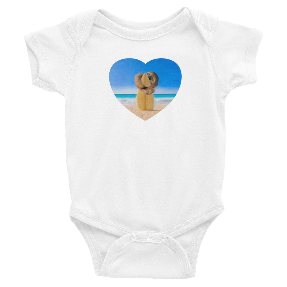 Surf sloth baby clothes in white - Surfer sloth hugs  surfboard original art design, infant bodysuit / romper