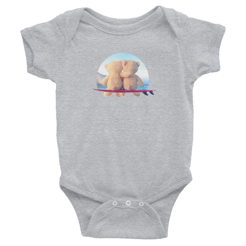 Cuddly surfer teddy bears on surfboard with ocean. Bodysuit / baby grow / similar to onesie