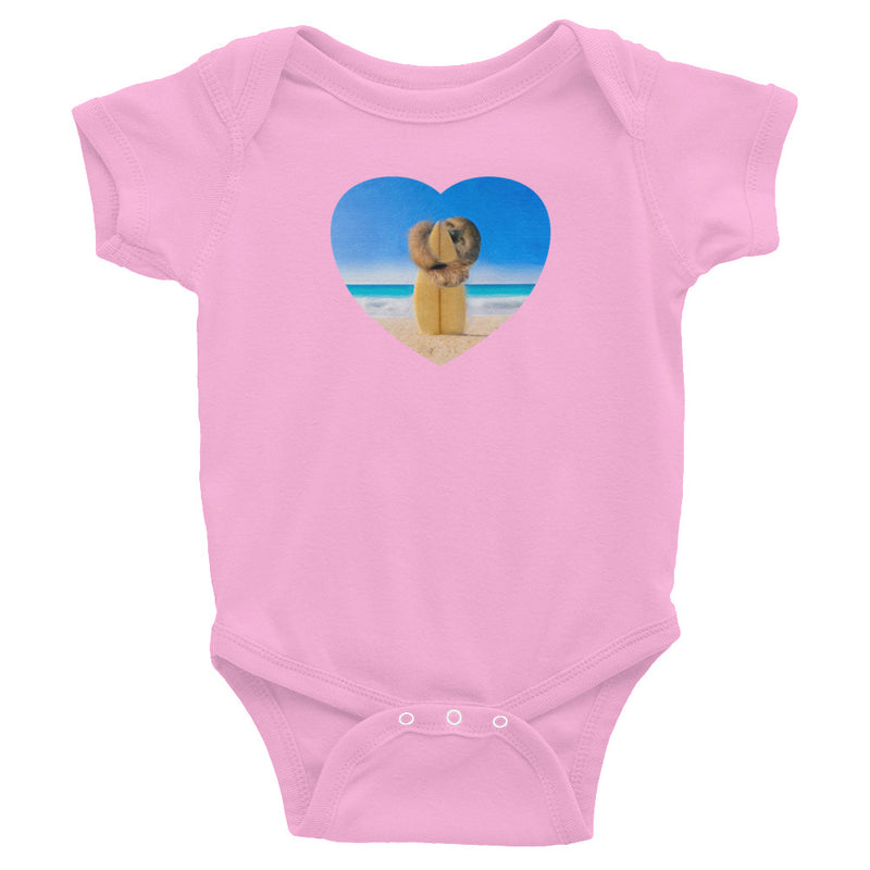 Surf sloth baby clothes in pink - Surfer sloth hugs  surfboard original art design, infant bodysuit / romper