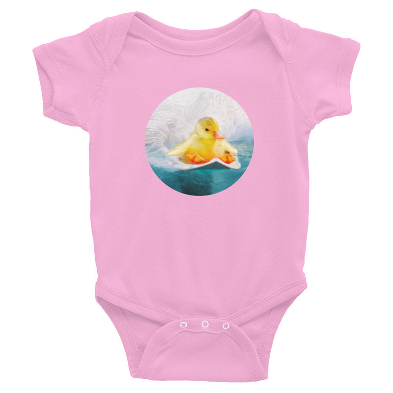 Surfing duckling. Baby bodysuit / romper / similar to onesie. Surfer baby