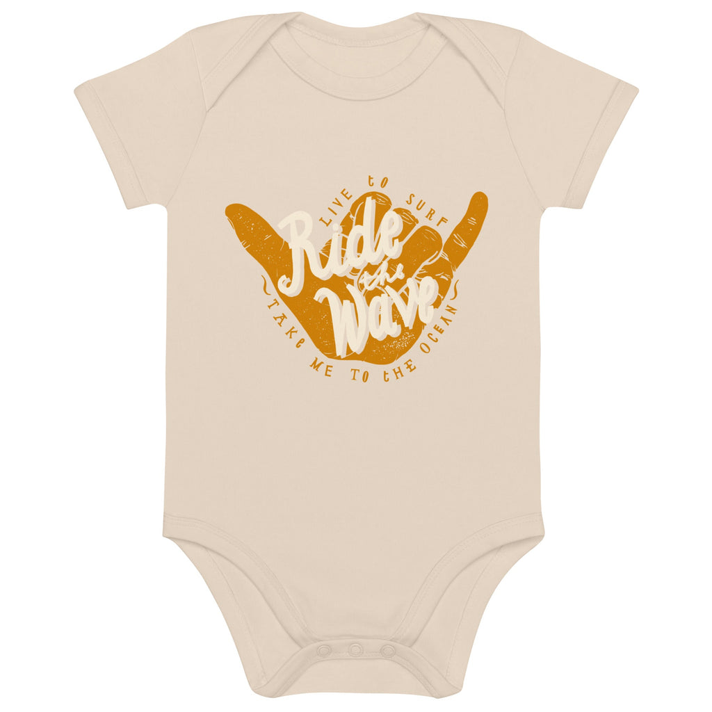 Surfer baby clothing "Ride the Wave" Organic Baby Onesie in beige by Surfersandyogis