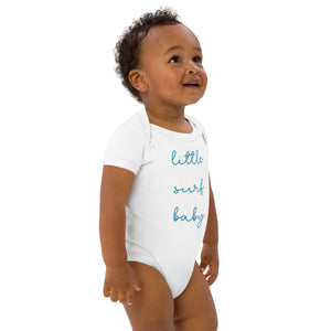 Cute baby body wearing organic cotton surf baby bodysuit in white