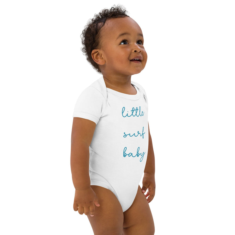 Cute baby body wearing organic cotton surf baby bodysuit in white