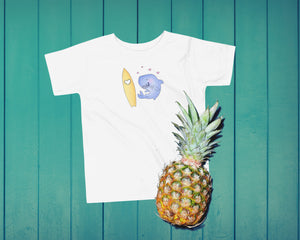 Shark bites t-shirt for kids. Surfer kid, grom clothing with shark and surf board. Perfect gift for the toddler who loves the ocean <3