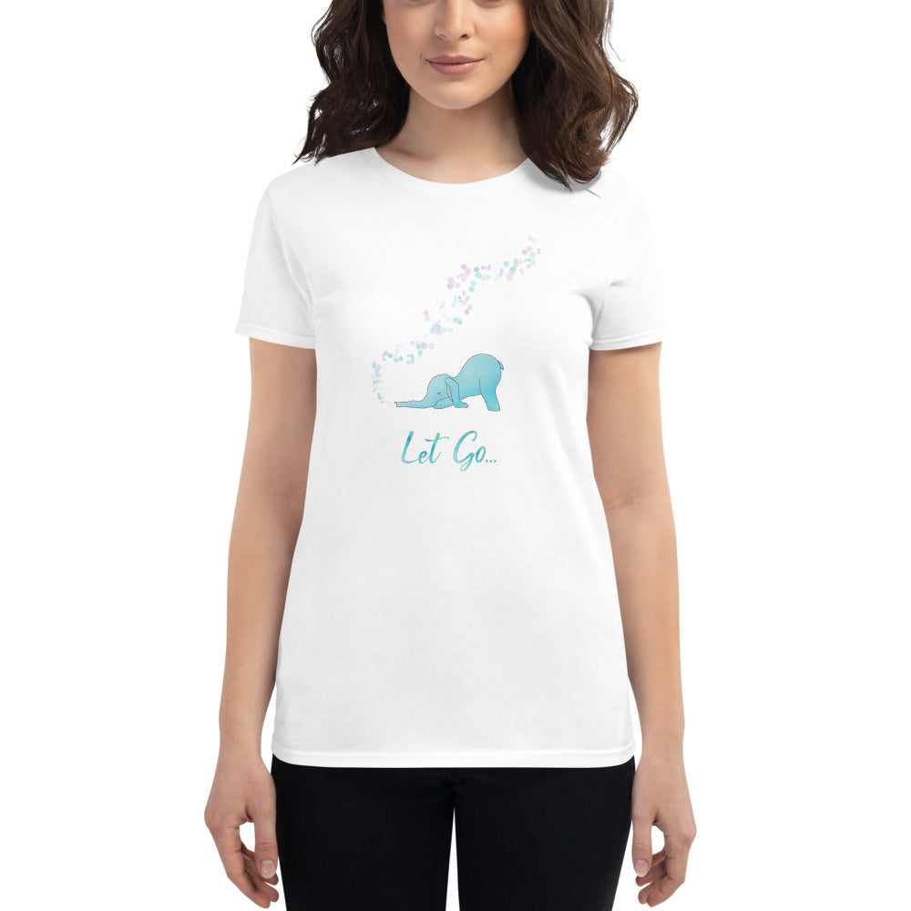 Let go yoga shirt in white - Downward elephant with bubbles ladies t-shirts