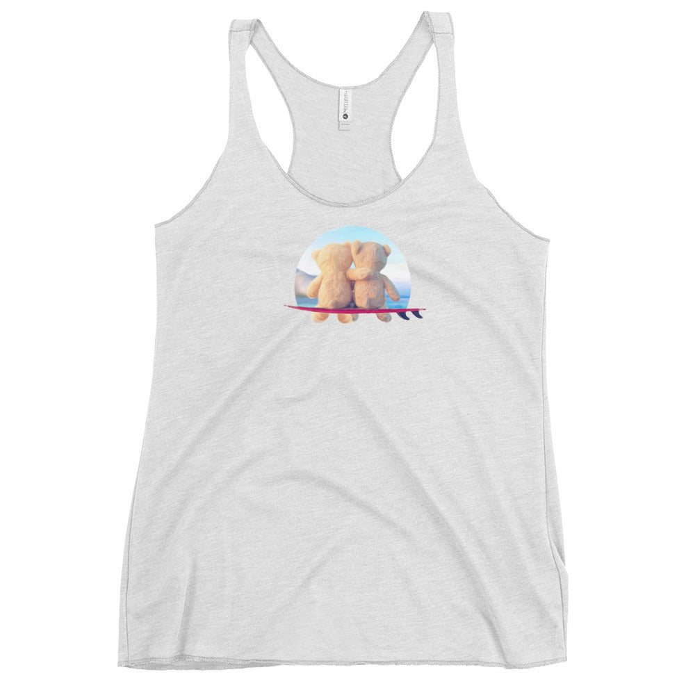 Teddy bear surfers cuddling on surf board - Women's Tri-Blend Racerback Tank