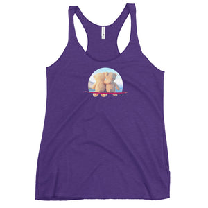 Teddy bear surfers cuddling on surf board - Women's Tri-Blend Racerback Tank