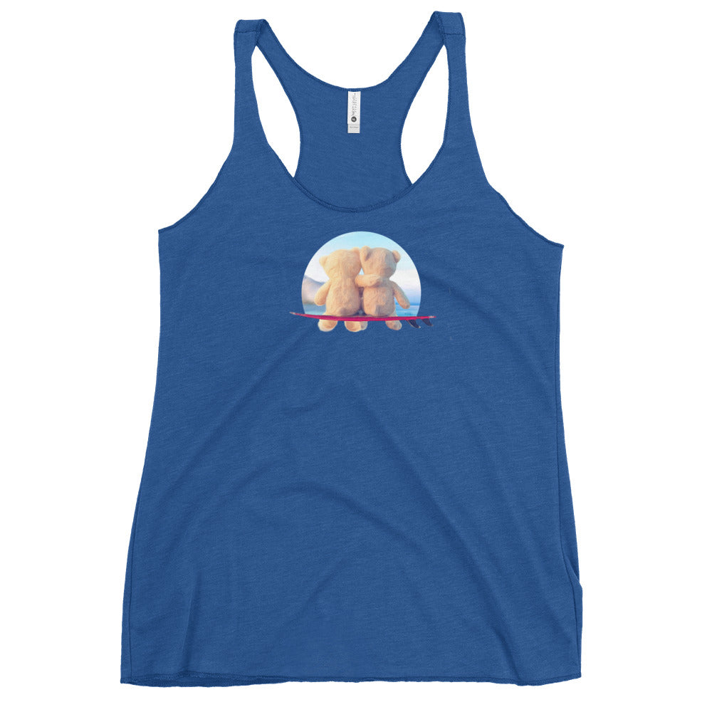 Teddy bear surfers cuddling on surf board - Women's Tri-Blend Racerback Tank